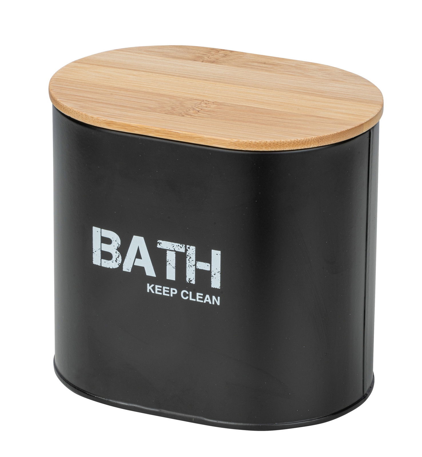 Schwarze Badbox mit Holzdeckel, Aufschrift 'BATH KEEP CLEAN', seitliche Perspektive
