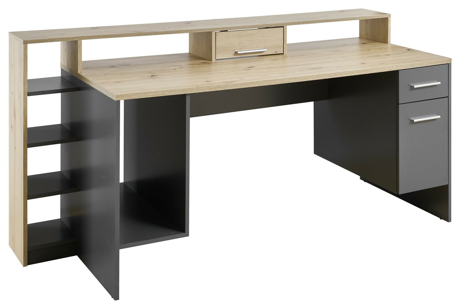 Moderner Gaming-Schreibtisch aus Holz und Metall mit Regalen und Schubladen, seitliche Perspektive