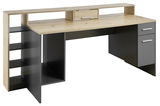 Moderner Gaming-Schreibtisch aus Holz und Metall mit Regalen und Schubladen, seitliche Perspektive