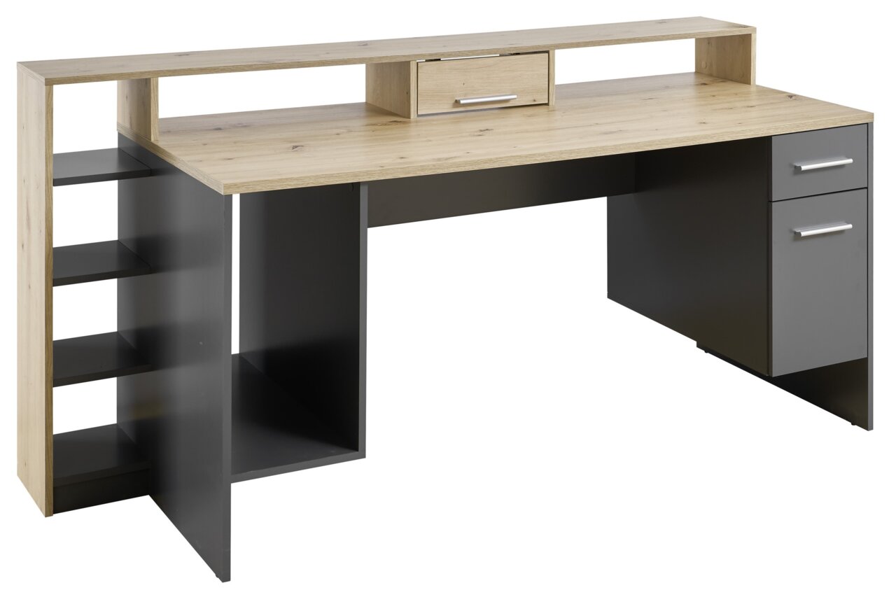 Moderner Gaming-Schreibtisch aus Holz und Metall mit Regalen und Schubladen, seitliche Perspektive