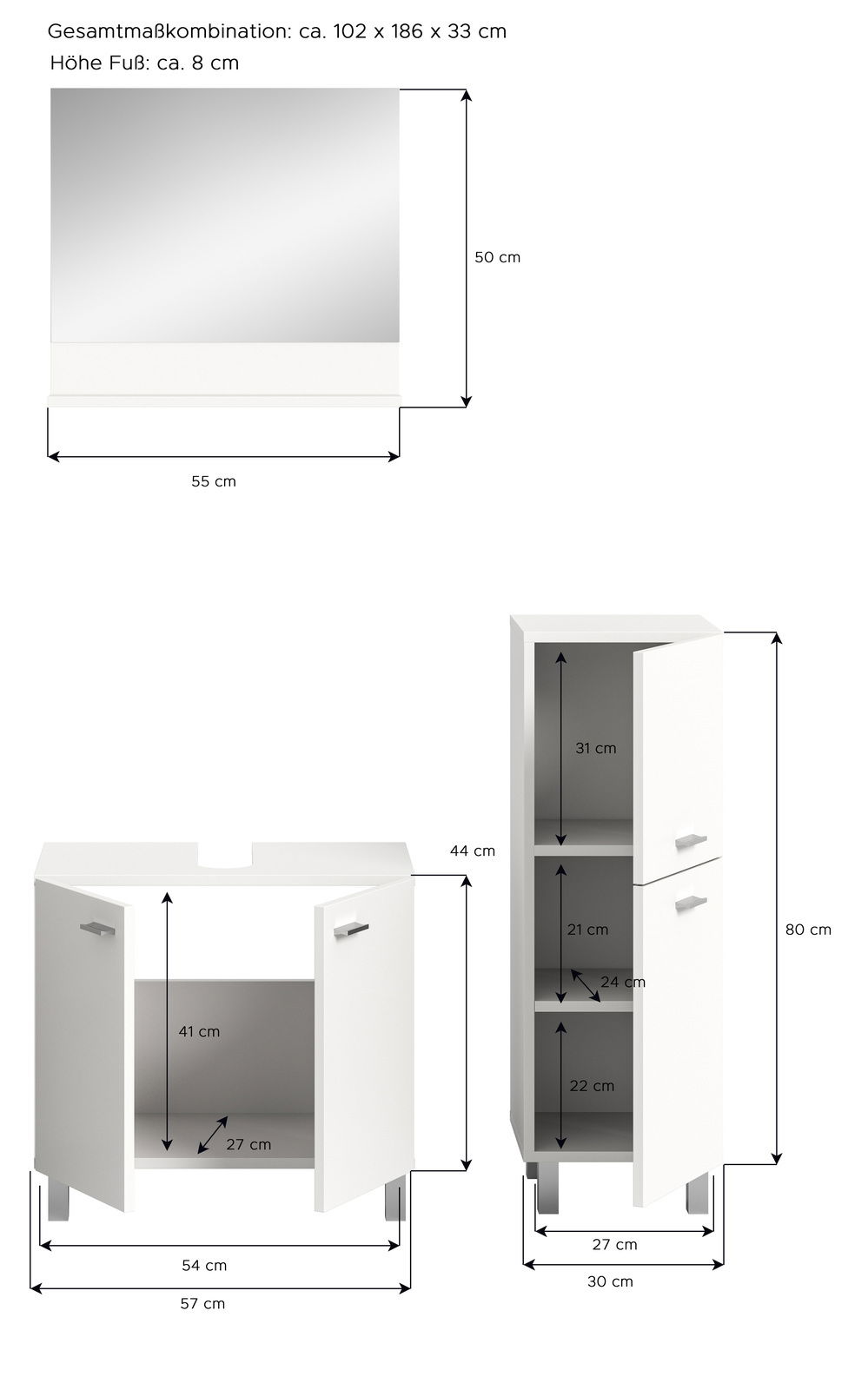 Badkombination BOSTON mit Spiegel, Unterschrank und Hochschrank in weißer Farbe, frontal abgebildet. Gesamtmaße: ca. 102 x 186 x 33 cm.