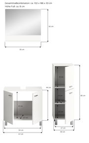 Badkombination BOSTON mit Spiegel, Unterschrank und Hochschrank in weißer Farbe, frontal abgebildet. Gesamtmaße: ca. 102 x 186 x 33 cm.