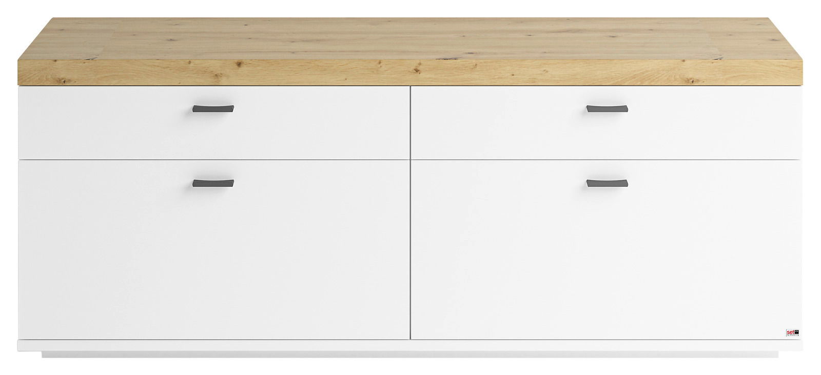 Frontansicht eines modernen TV-Lowboards mit weißem Korpus und Holzoberfläche, ausgestattet mit vier Schubladen und schwarzen Griffen.