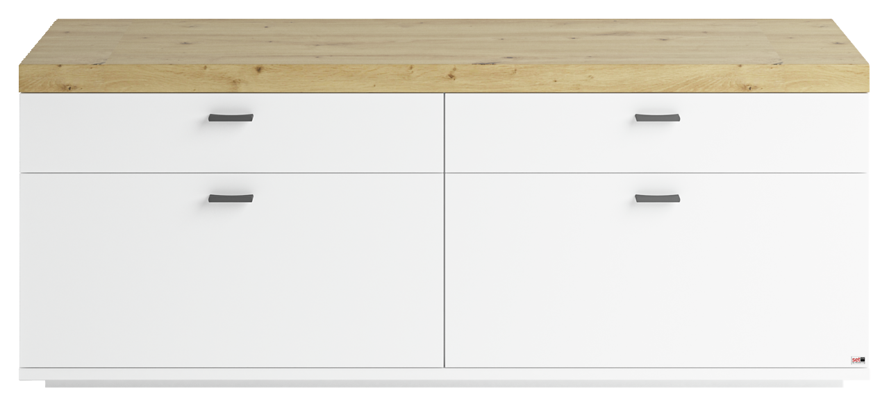 Frontansicht eines modernen TV-Lowboards mit weißem Korpus und Holzoberfläche, ausgestattet mit vier Schubladen und schwarzen Griffen.