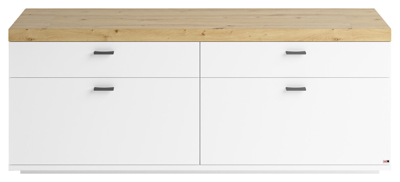 Frontansicht eines modernen TV-Lowboards mit weißem Korpus und Holzoberfläche, ausgestattet mit vier Schubladen und schwarzen Griffen.