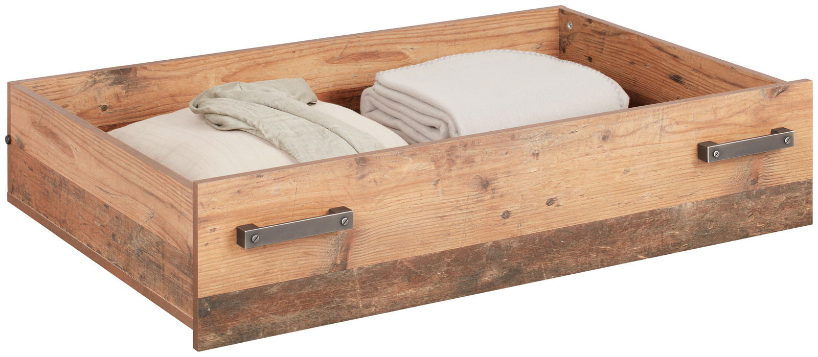 Unterbettschubkasten aus Holz mit Metallgriffen, gefüllt mit Bettwäsche, seitliche Perspektive