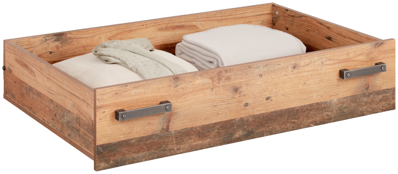 Z2 Unterbettschubkasten CLIF Unterbettschubkasten aus Holz mit Metallgriffen, gefüllt mit Bettwäsche, seitliche Perspektive