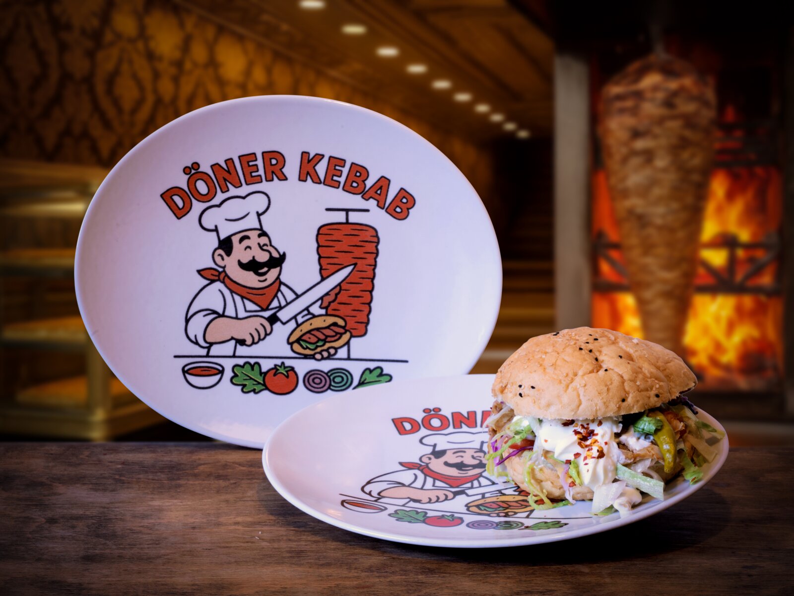 Creatable Kebabteller 4-tlg GOURMET Weißer Döner-Kebab-Teller mit Cartoon-Koch-Logo und Schriftzug „Döner Kebab“, vorne ein gefüllter Döner-Burger auf dem Teller; Perspektive: leicht von vorne in Augenhöhe, mit unscharfem Grillspieß im Hintergrund.
