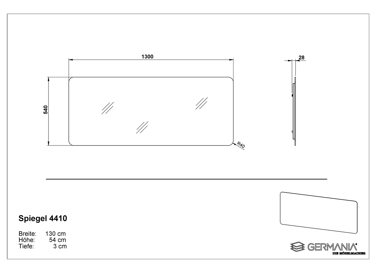Technische Zeichnung eines rechteckigen Spiegels mit abgerundeten Ecken, Modell Spiegel 4410, mit den Maßen 130 cm Breite, 54 cm Höhe und 3 cm Tiefe, Seitenansicht und Vorderansicht dargestellt.