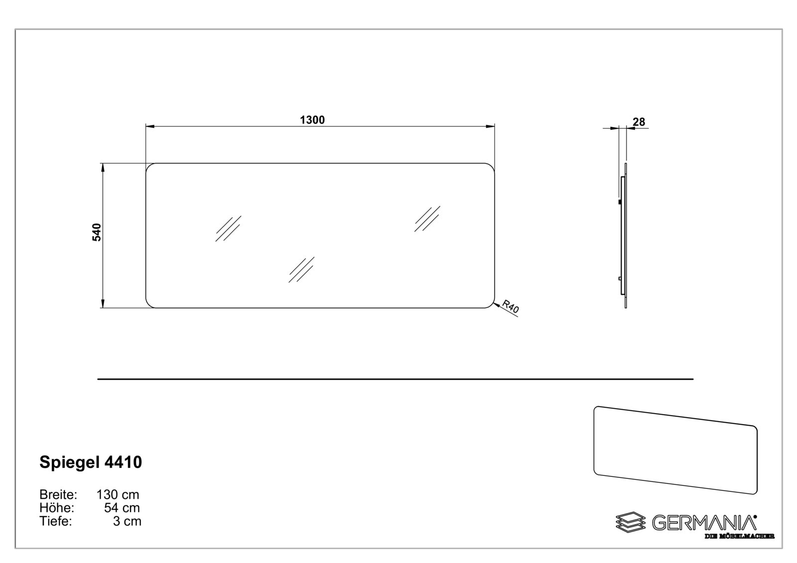 Technische Zeichnung eines rechteckigen Spiegels mit abgerundeten Ecken, Modell Spiegel 4410, mit den Maßen 130 cm Breite, 54 cm Höhe und 3 cm Tiefe, Seitenansicht und Vorderansicht dargestellt.