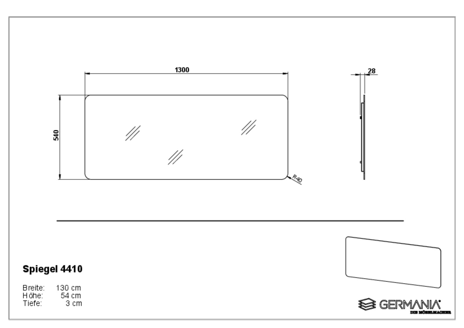 Technische Zeichnung eines rechteckigen Spiegels mit abgerundeten Ecken, Modell Spiegel 4410, mit den Maßen 130 cm Breite, 54 cm Höhe und 3 cm Tiefe, Seitenansicht und Vorderansicht dargestellt.