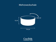 Mehrzweckschale mit 650 ml Fassungsvermögen, 14 cm Durchmesser und 6 cm Höhe, als weiße Silhouette in leicht schräger Seitenansicht mit Blick in die Öffnung dargestellt
