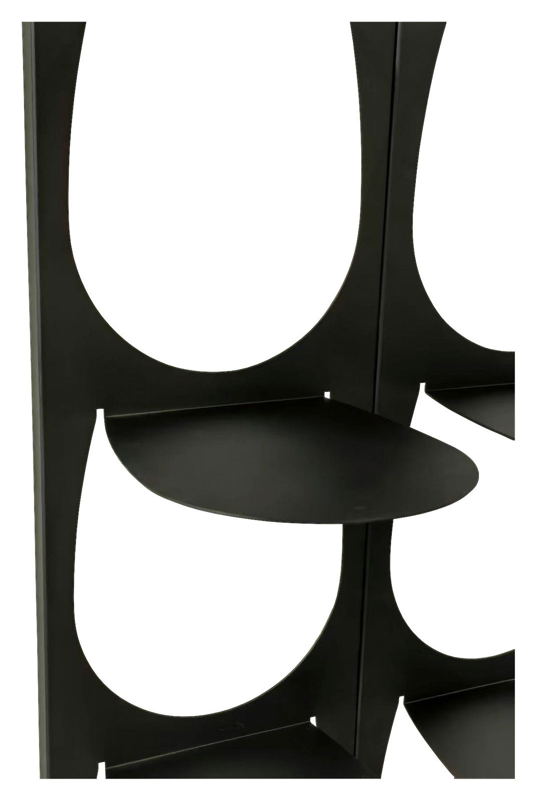 Schwarzes Schuhregal aus Metall mit runden Ablagen, seitliche Perspektive