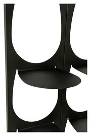 Schwarzes Schuhregal aus Metall mit runden Ablagen, seitliche Perspektive