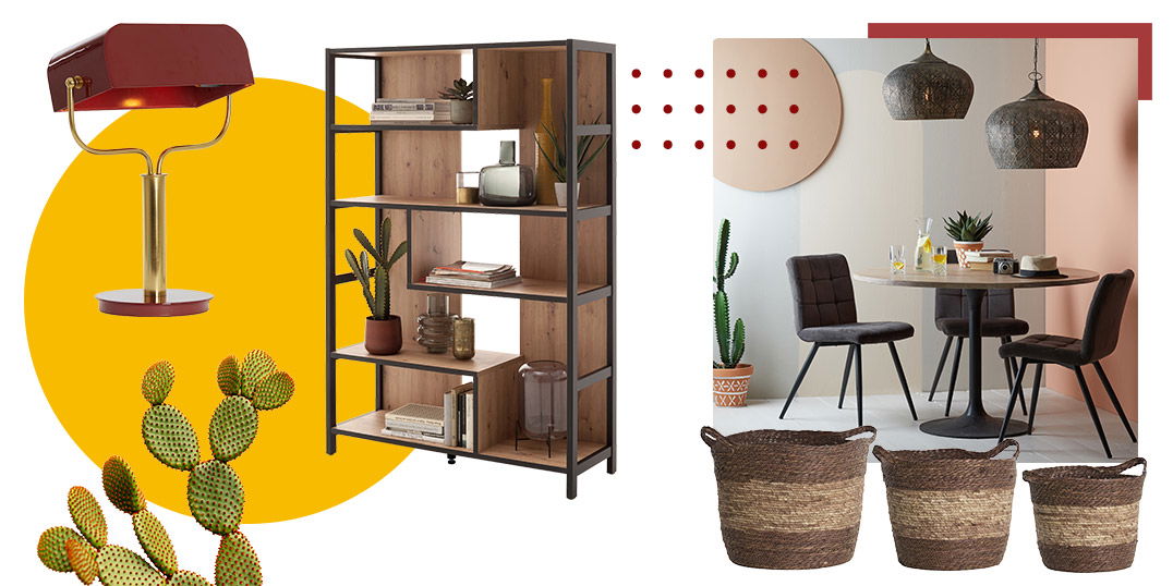 Moderne Wohnmöbel und Dekoration mit Regal, Tischleuchte, Pflanzen und Essbereich in warmen Farben