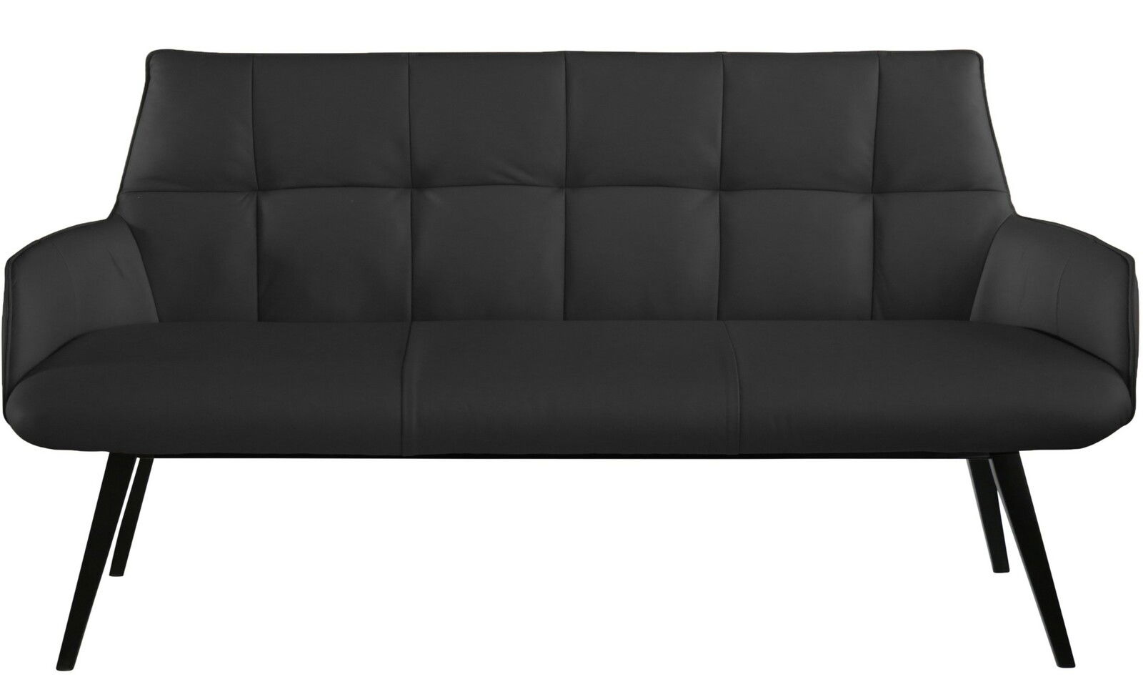Schwarze Bank mit gepolsterter Rückenlehne und Armlehnen, Vorderansicht