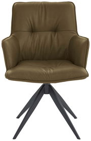 Frontansicht eines modernen Design-Schalensessels mit olivgrünem Polster und schwarzem Metallgestell.