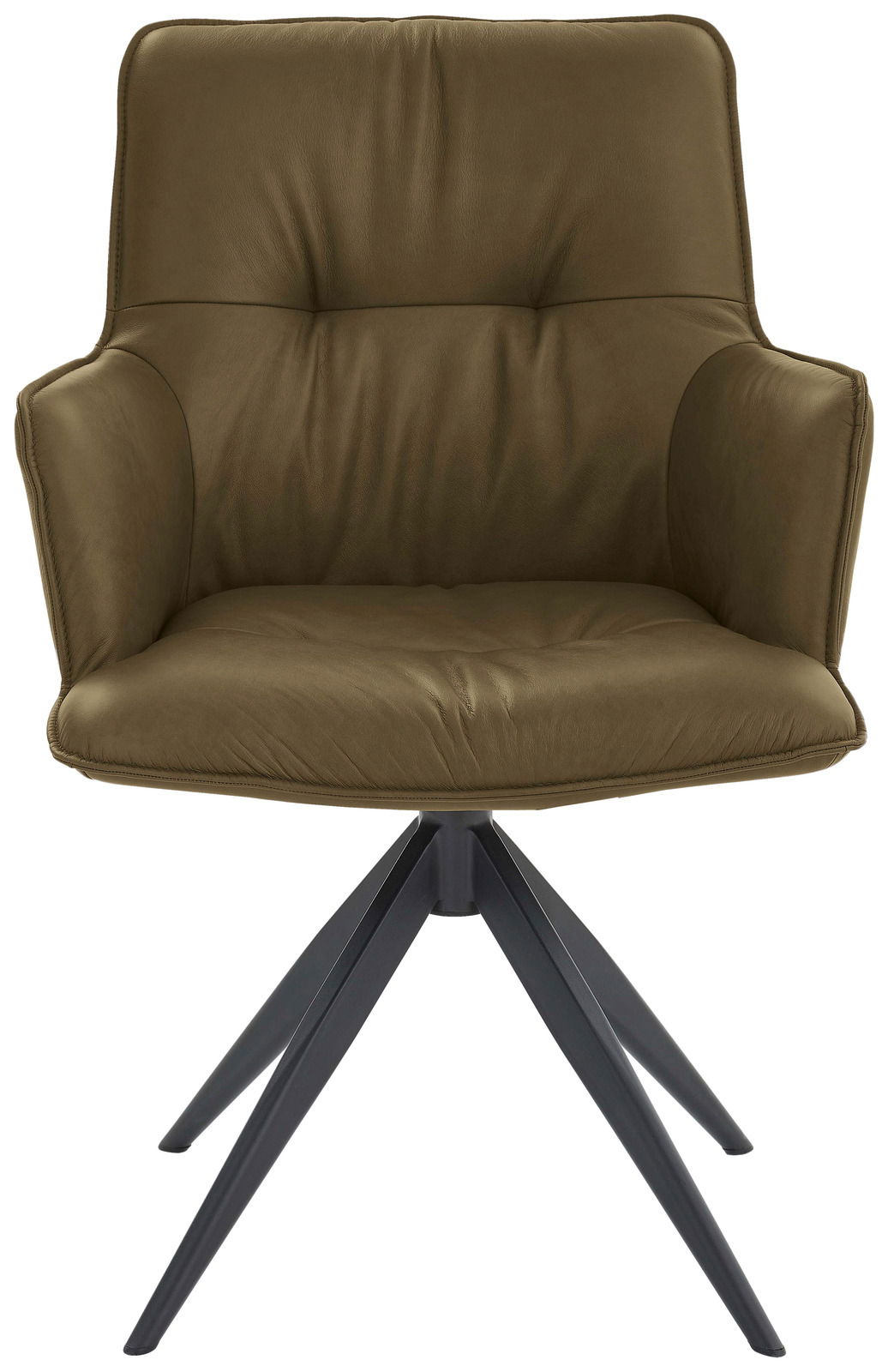 Frontansicht eines modernen Design-Schalensessels mit olivgrünem Polster und schwarzem Metallgestell.