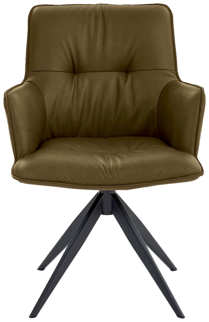 Frontansicht eines modernen Design-Schalensessels mit olivgrünem Polster und schwarzem Metallgestell.