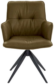 Frontansicht eines modernen Design-Schalensessels mit olivgrünem Polster und schwarzem Metallgestell.