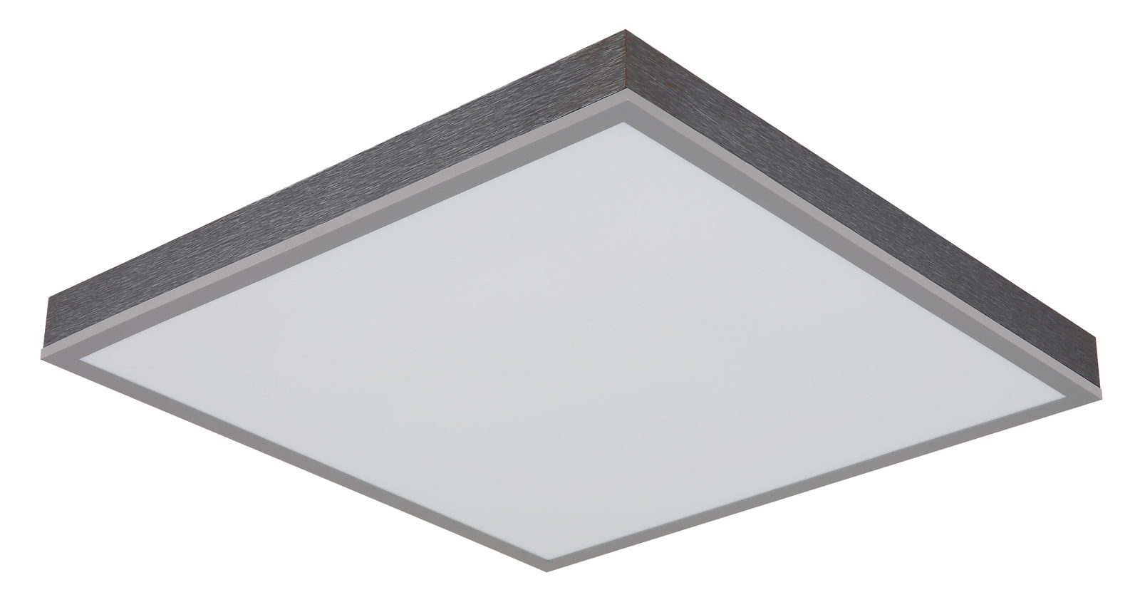 Moderne quadratische Deckenleuchte aus der Seitenperspektive mit dunklem Rahmen und weißer Lichtfläche