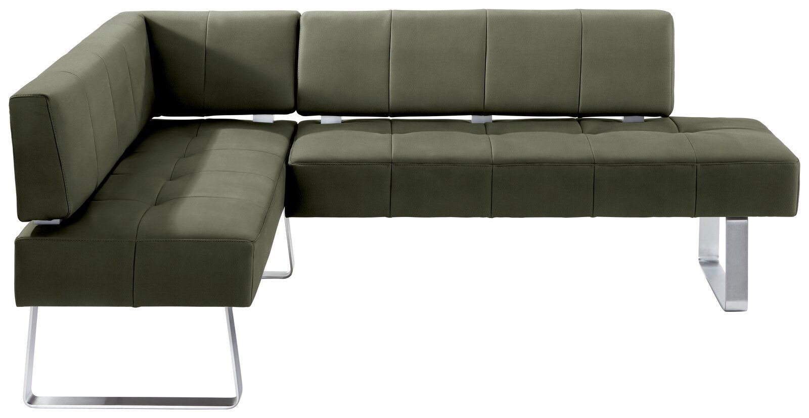 Grüne Eckbank mit modernem Design und Metallbeinen, Vorderansicht