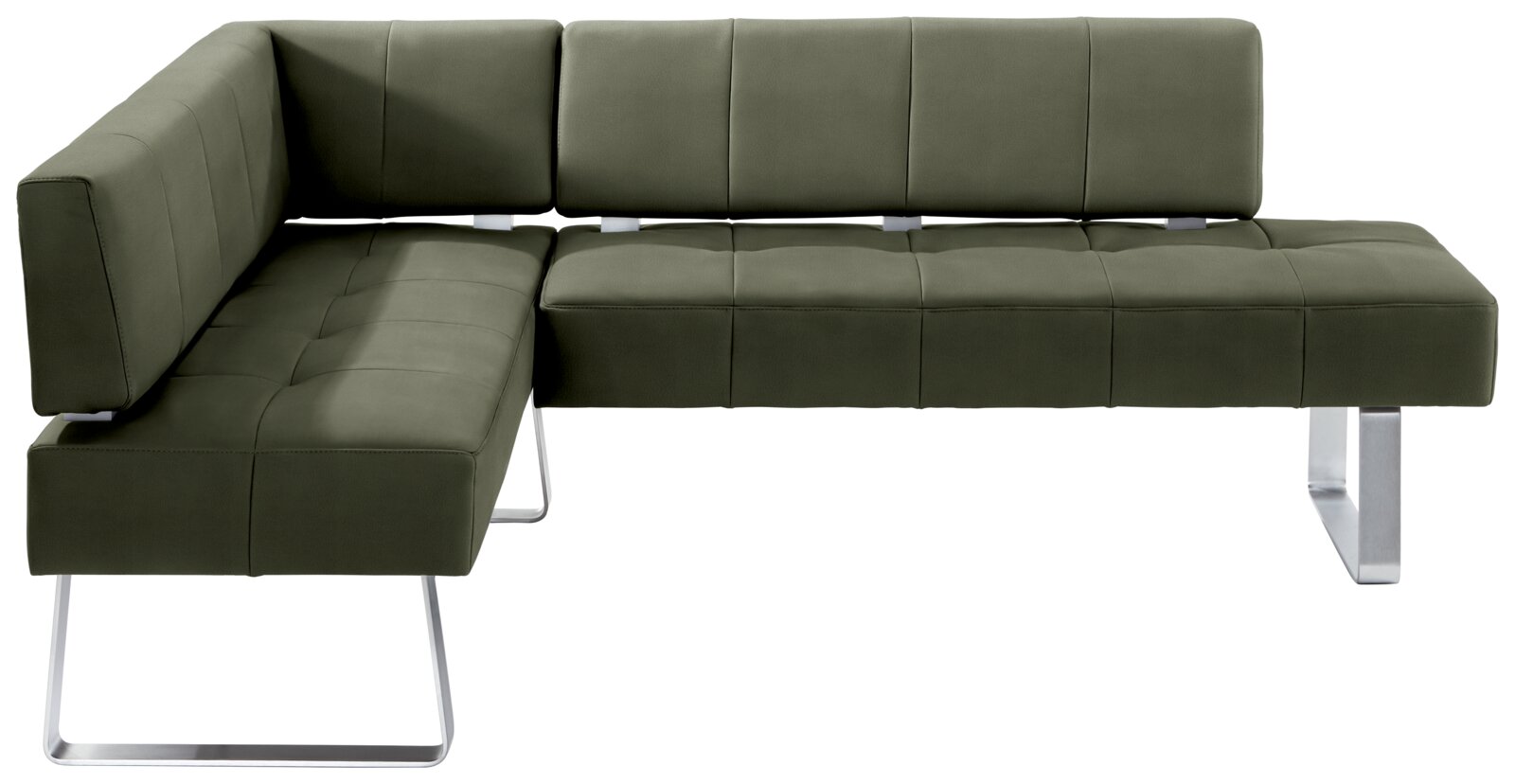 Grüne Eckbank mit modernem Design und Metallbeinen, Vorderansicht