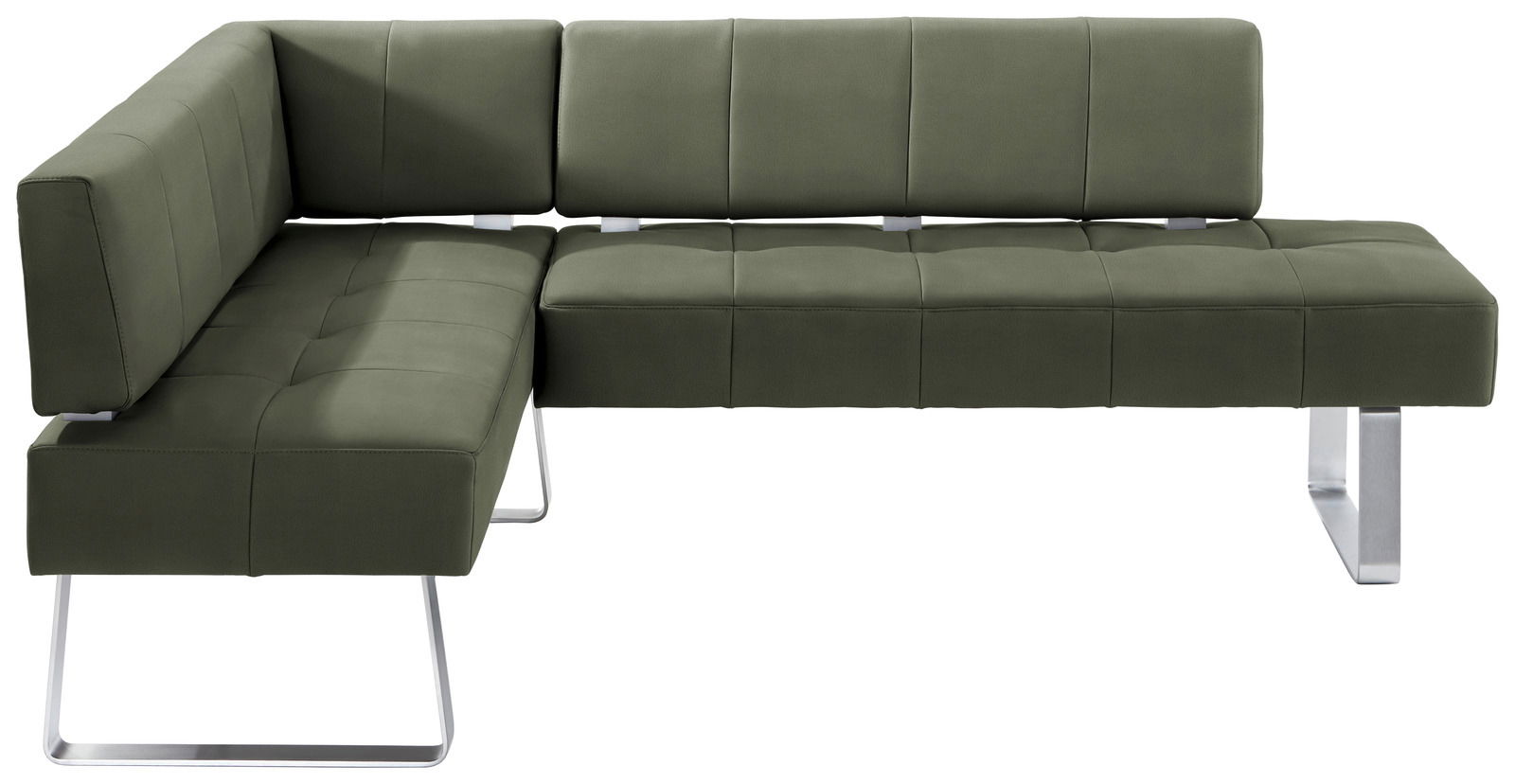 Grüne Eckbank mit modernem Design und Metallbeinen, Vorderansicht