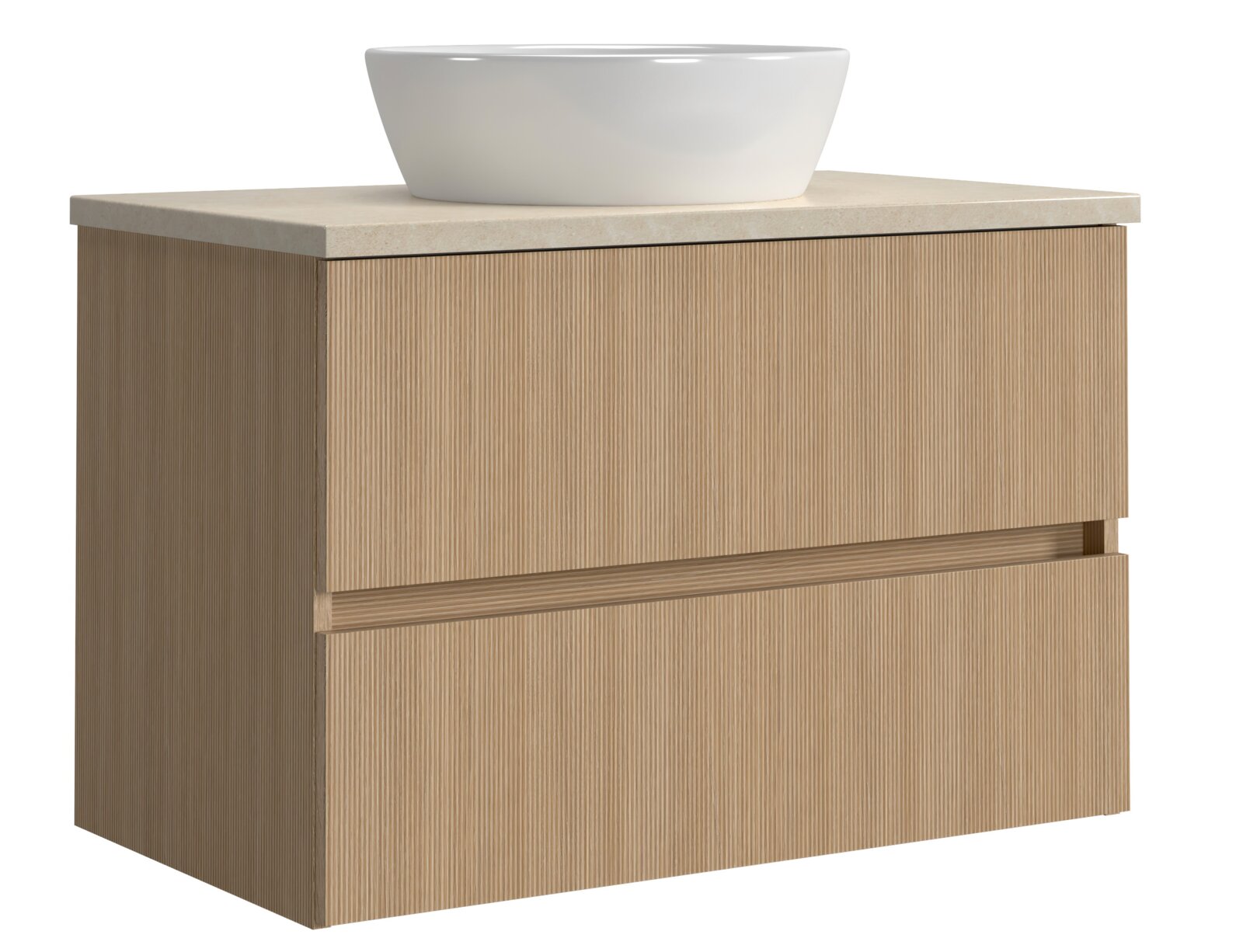 Moderner Waschtisch mit Holzoptik und weißem Aufsatzbecken, Frontalansicht