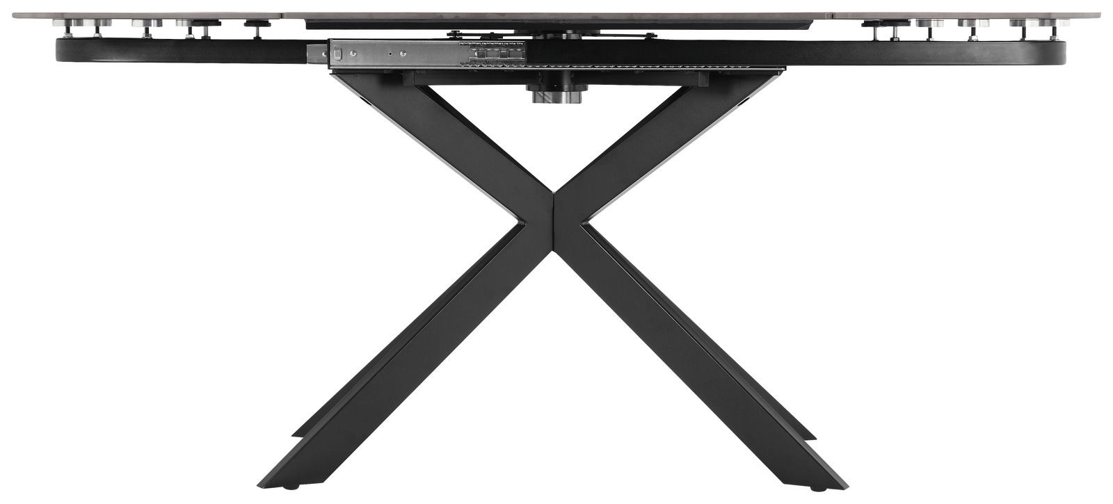 Seitenansicht eines Esstisches mit X-förmigem Metallgestell und dunkler Tischplatte