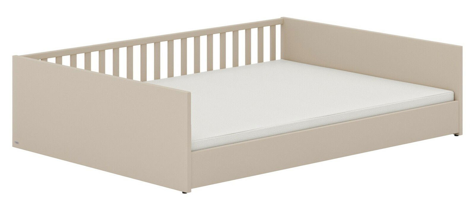 Beiges Bodenbett mit Gitter an der Rückseite und Seitenansicht von schräg vorne.