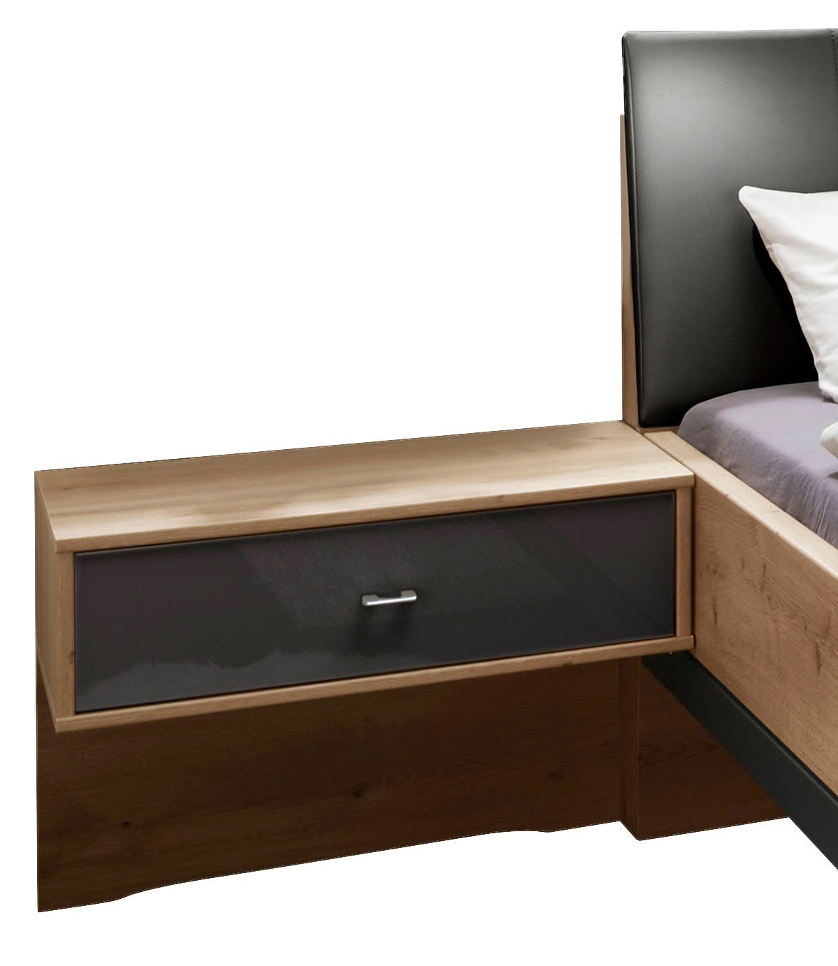 Moderner Nachtschrank aus Holz mit einer Schublade in dunklem Glas, seitliche Perspektive