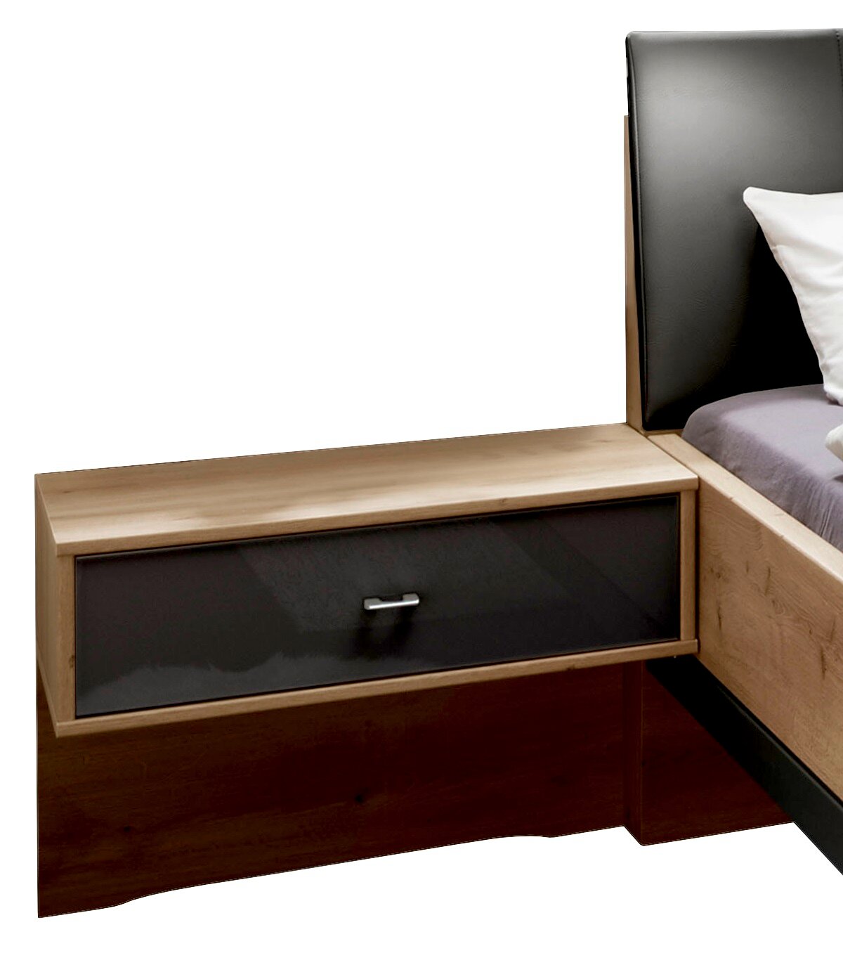 Novel Nachtschrank (Paar) SEVILLA Moderner Nachtschrank aus Holz mit einer Schublade in dunklem Glas, seitliche Perspektive