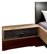 Moderner Nachtschrank aus Holz mit einer Schublade in dunklem Glas, seitliche Perspektive
