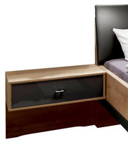 Moderner Nachtschrank aus Holz mit einer Schublade in dunklem Glas, seitliche Perspektive