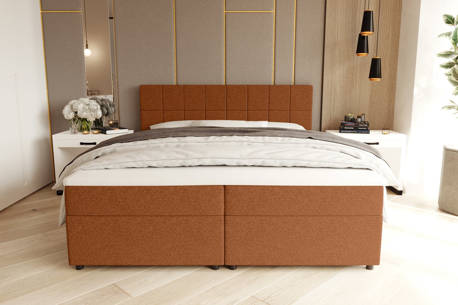 Modern boxspringbed met een gestoffeerd, geruit hoofdeinde in roestbruin, wit beddengoed en nachtkastjes in een lichte slaapkamer, vooraanzicht op ooghoogte