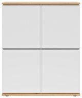 Frontansicht eines modernen Highboards mit weißen Türen und Holzoberfläche.