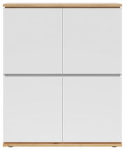 Frontansicht eines modernen Highboards mit weißen Türen und Holzoberfläche.