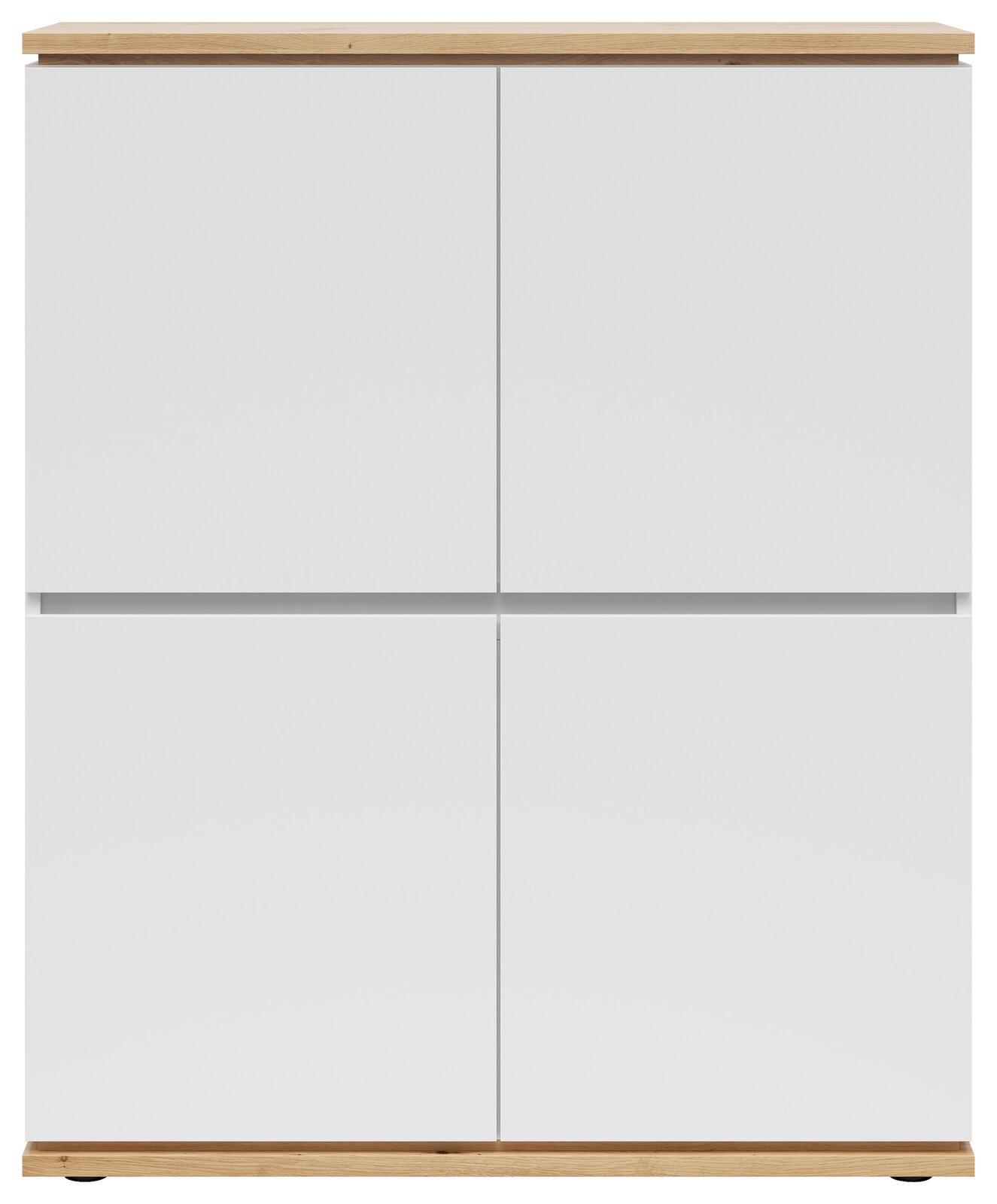Frontansicht eines modernen Highboards mit weißen Türen und Holzoberfläche.