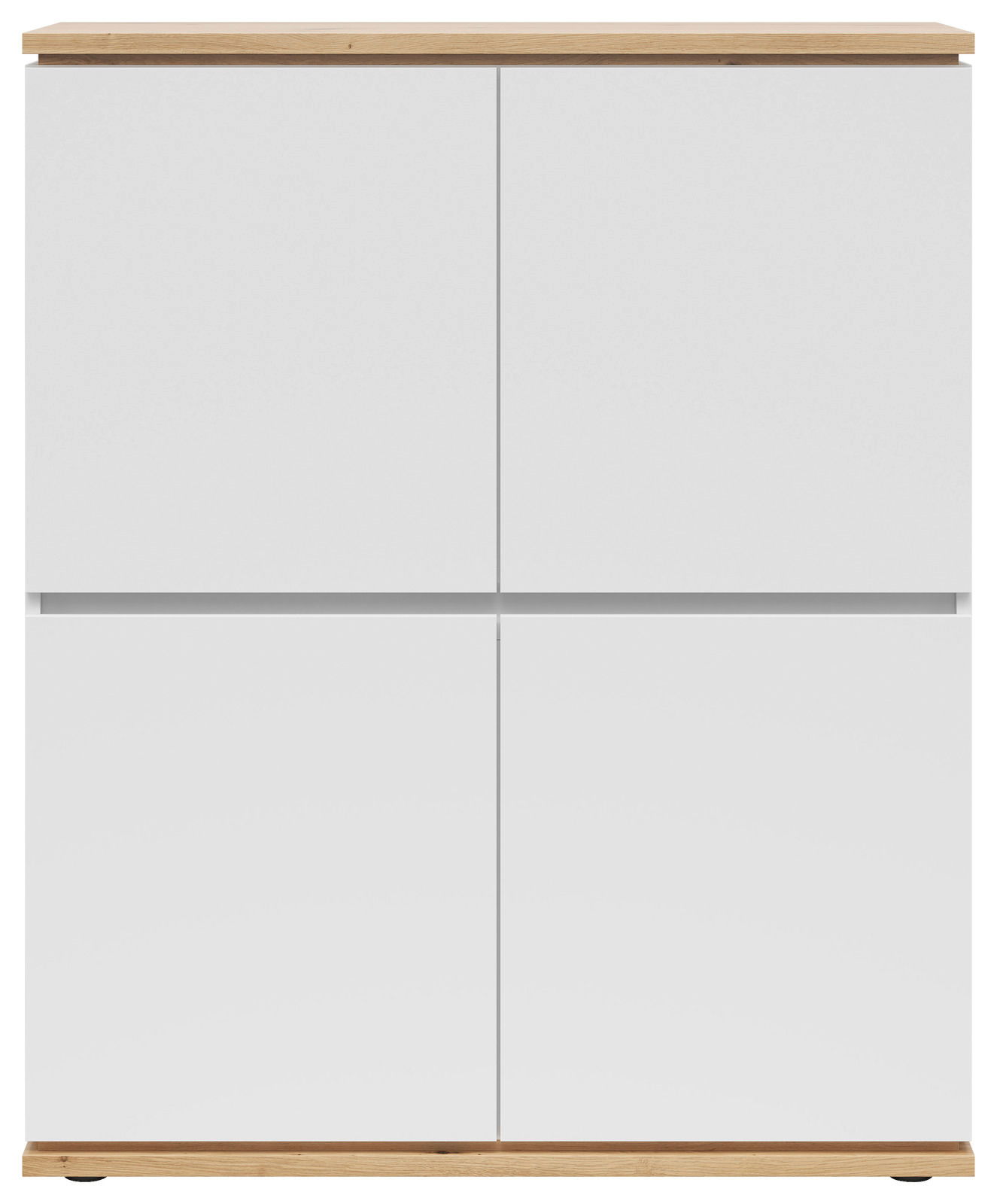 Frontansicht eines modernen Highboards mit weißen Türen und Holzoberfläche.