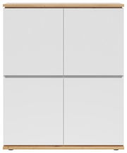 Frontansicht eines modernen Highboards mit weißen Türen und Holzoberfläche.