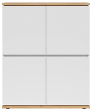 Frontansicht eines modernen Highboards mit weißen Türen und Holzoberfläche.