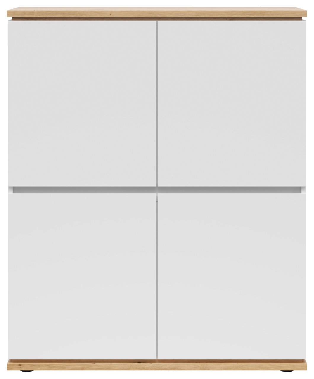 Frontansicht eines modernen Highboards mit weißen Türen und Holzoberfläche.