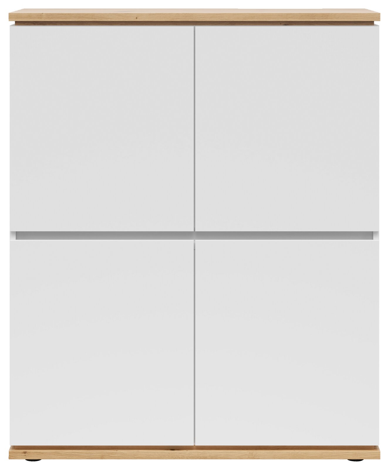 Frontansicht eines modernen Highboards mit weißen Türen und Holzoberfläche.