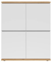 Frontansicht eines modernen Highboards mit weißen Türen und Holzoberfläche.