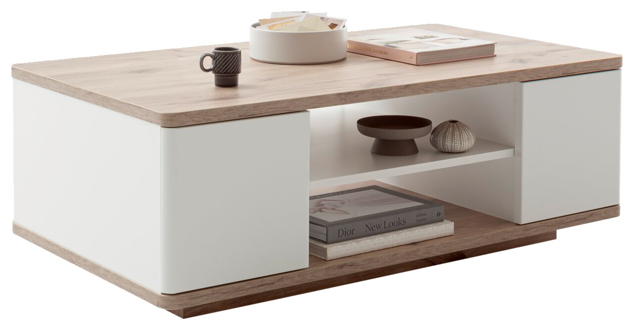Moderner Couchtisch mit Holzoberfläche und weißen Seiten, dekoriert mit Büchern und Accessoires, seitliche Perspektive