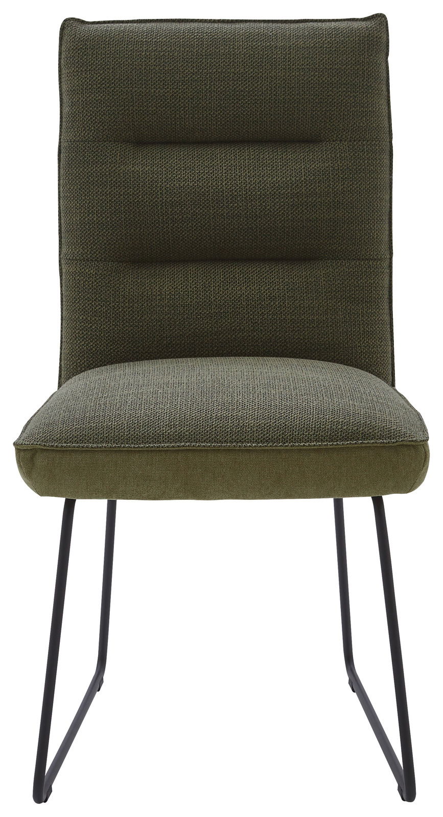 Grüner Stuhl mit gepolsterter Sitzfläche und Rückenlehne, schwarze Metallbeine, Frontalansicht