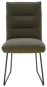 Grüner Stuhl mit gepolsterter Sitzfläche und Rückenlehne, schwarze Metallbeine, Frontalansicht