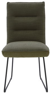 Grüner Stuhl mit gepolsterter Sitzfläche und Rückenlehne, schwarze Metallbeine, Frontalansicht