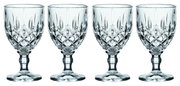 Vier elegante Likörkelche aus Kristallglas mit detailliertem Schliff, frontal abgebildet.